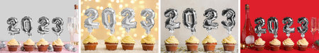 Collage of festive cupcakes with balloons in shape of figure 2023 on color background