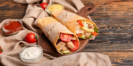 Tasty doner kebab and sauces on wooden background