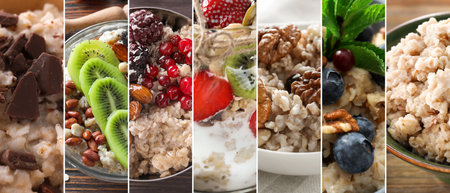 Collage of sweet oatmeal with fruits and berriesの写真素材
