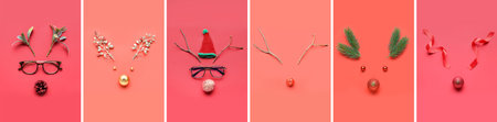 Collage of creative Christmas compositions with reindeer faces made of decorations on red backgroundの写真素材