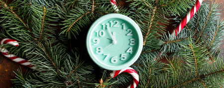 Alarm clock with fir branches and candy canes, top view. christmas count down