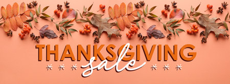 Thanksgiving sale poster with leaves on orange backgroundの写真素材