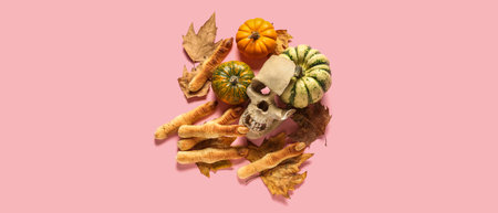 Halloween cookies with human skull, pumpkins and autumn leaves on pink backgroundの写真素材