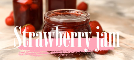 Jar of tasty strawberry jam on light background, closeup