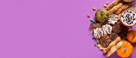 Halloween cookies, autumn leaves, pumpkins and drink on purple background with space for textの写真素材