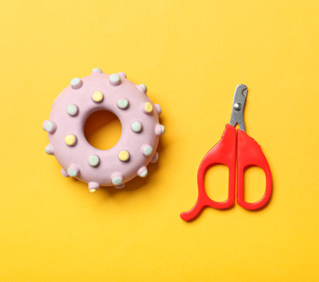Nail clipper and pet toy on color backgroundの写真素材