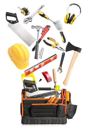 Bag with set of construction tools on white backgroundの写真素材