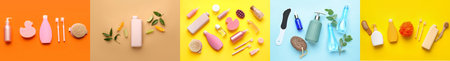 Set of natural bathing cosmetics and supplies on color background
