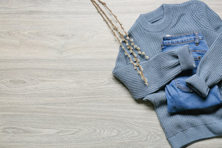 Stylish children's clothes and willow branches on gray background
