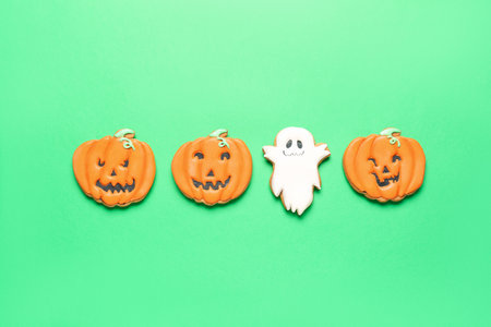 Halloween cookies on green backgroundの写真素材