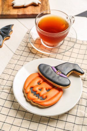Plate with Halloween cookies, cup of tea and napkin on white wooden background, closeupの写真素材