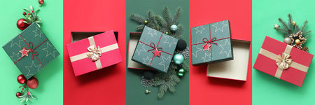 Many Christmas gift boxes and decor on colorful background, top view