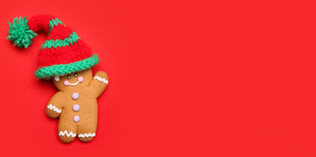 Gingerbread cookie and knitted hat on red background with space for text