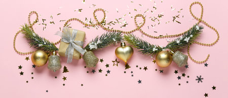Beautiful Christmas composition on pink background, top view