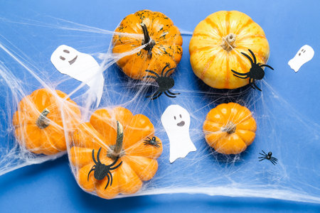 Halloween composition with pumpkins and spider web on blue backgroundの写真素材