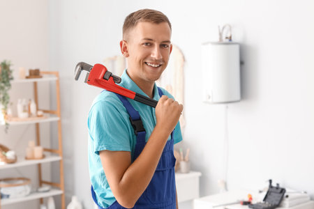 Male plumber with pipe wrench in bathroomの写真素材