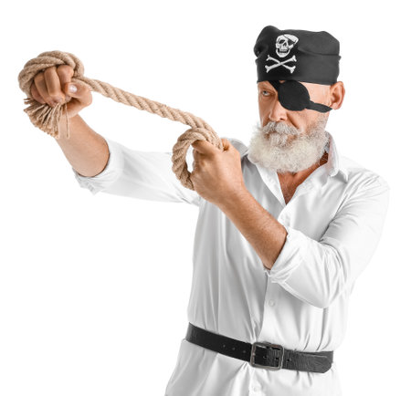 Mature bearded man dressed as pirate with rope on white backgroundの写真素材