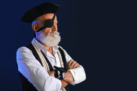 Old pirate with rope on dark backgroundの写真素材