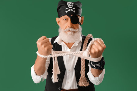 Old pirate with rope on green backgroundの写真素材