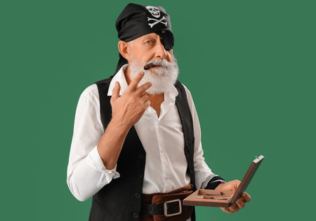 Old pirate with cigarettes on green backgroundの写真素材