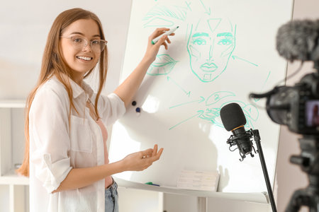 Female beauty blogger drawing on flipboard while recording video at homeの写真素材