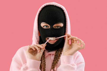 Young woman in balaclava biting lace on pink backgroundの写真素材