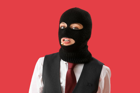 Young woman in balaclava with burning match in mouth on red backgroundの写真素材