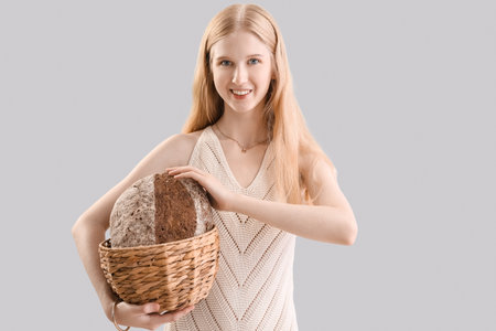 Young woman holding basket with fresh bread on gray backgroundの写真素材