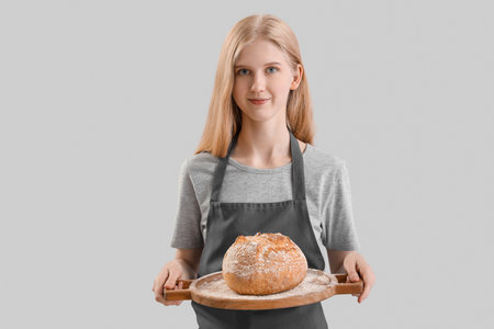 Young woman holding board with fresh bread on gray background