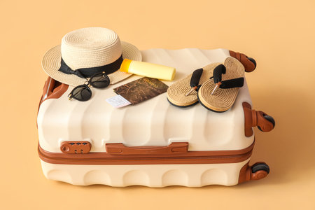 Stylish suitcase with beach accessories, passport and ticket on color backgroundの写真素材