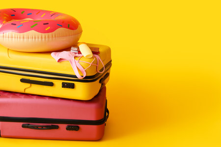 Suitcases with bottle of sunscreen, bikini bra, passports, tickets and inflatable ring on yellow backgroundの写真素材