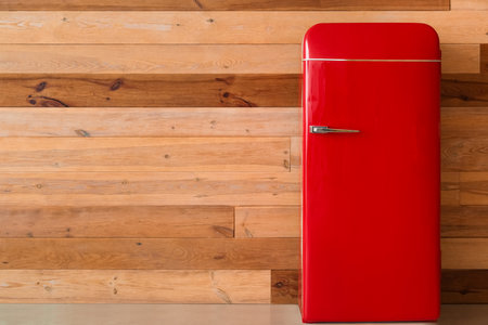 Stylish retro fridge near wooden wall