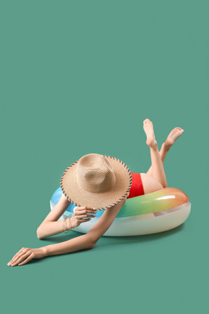 Beautiful young woman in swimsuit and with inflatable ring on green backgroundの写真素材