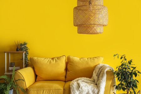 Comfortable couch, shelving unit and houseplants near yellow wallの写真素材
