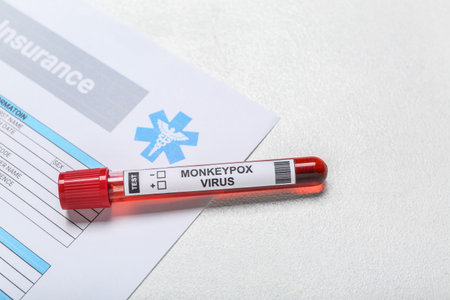 Blood sample with health insurance on white background, closeup. Monkeypox virus conceptの写真素材