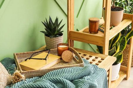 Tray with book, eyeglasses, candle and houseplant on table near green wallの写真素材