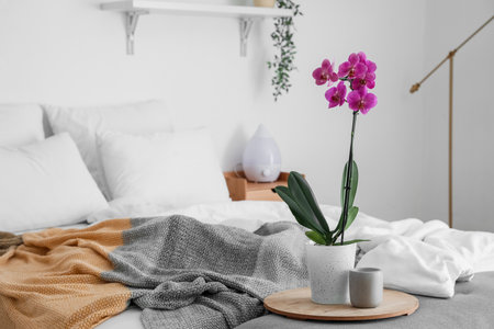 Tray with orchid flower and candle on bench near bedの写真素材