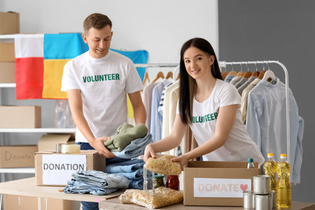 Polish volunteers donating clothes and food for Ukraine in the centerの写真素材