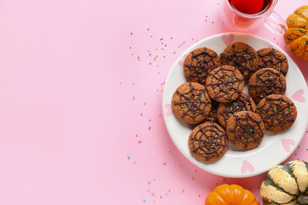 Plate with Halloween spiderweb cookies, pumpkins and glass cup of tea on pink backgroundの写真素材