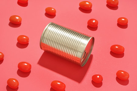 Tin can and fresh tomatoes on red background