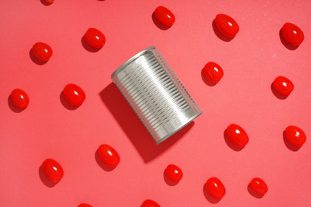 Tin can and fresh tomatoes on red backgroundの写真素材