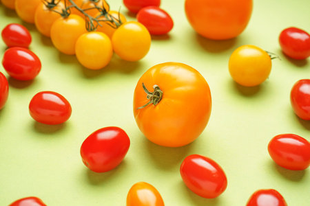 Different fresh tomatoes on green background, closeupの写真素材