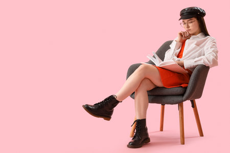 Stylish young woman reading book in armchair on pink backgroundの写真素材