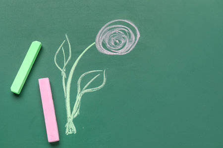 Drawn flower with chalks on blackboardの写真素材