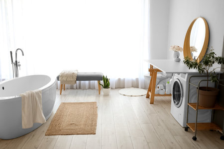 Interior of light room with soft bench, bathtub and washing machineの写真素材