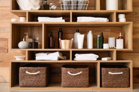 Different bath accessories on shelf unit near wooden wall, closeupの写真素材
