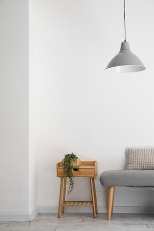 Soft bench and table with houseplant near light wallの写真素材