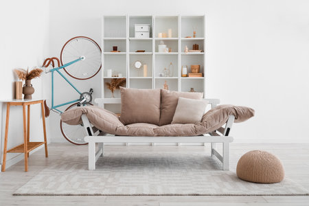 Interior of modern living room with bicycle, couch and shelving unitの写真素材