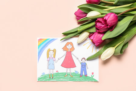 Picture with bouquet of tulips on pink background. mother's day celebration