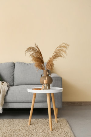 Interior of living room with gray sofa and tableの写真素材